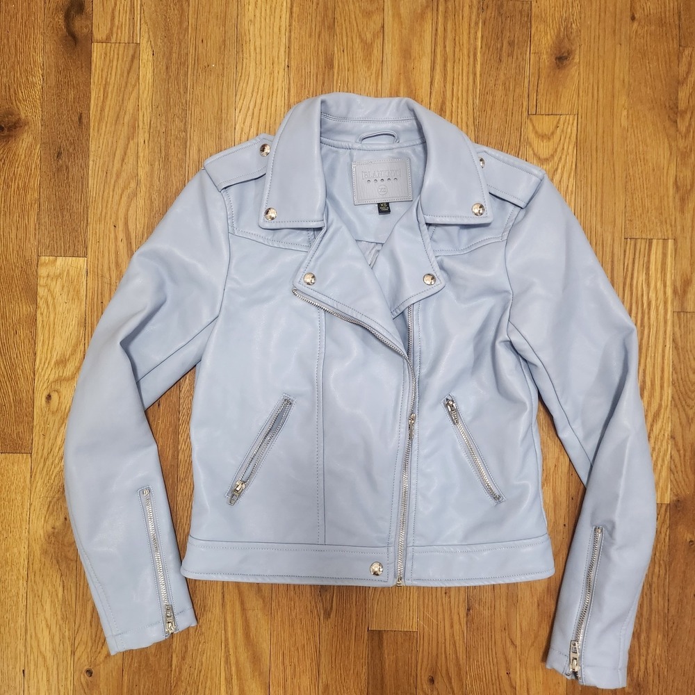 Blank NYC Baby Blue Faux Leather Zip Up Motorcycle Jacket‎ Size Extra Small